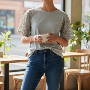Carmakoma Lace Flutter Sleeve Crewneck Tee in Light Sage